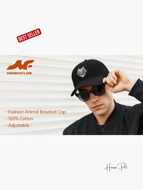 Unstructured Cotton Baseball Cap with Animal Embroidery Adjustable Buckle